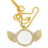 20 Sets Sublimation Blank Angel Wings Bling Keepsake Necklace Photo Angel Wings Zirconia Diamond Bezel Pendant Zinc Alloy Tray with Chain Glass Gemstone Round (GOLD)