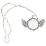 20 Sets Sublimation Blank Angel Wings Bling Keepsake Necklace Photo Angel Wings Zirconia Diamond Bezel Pendant Zinc Alloy Tray with Chain Glass Gemstone Round (SILVER)