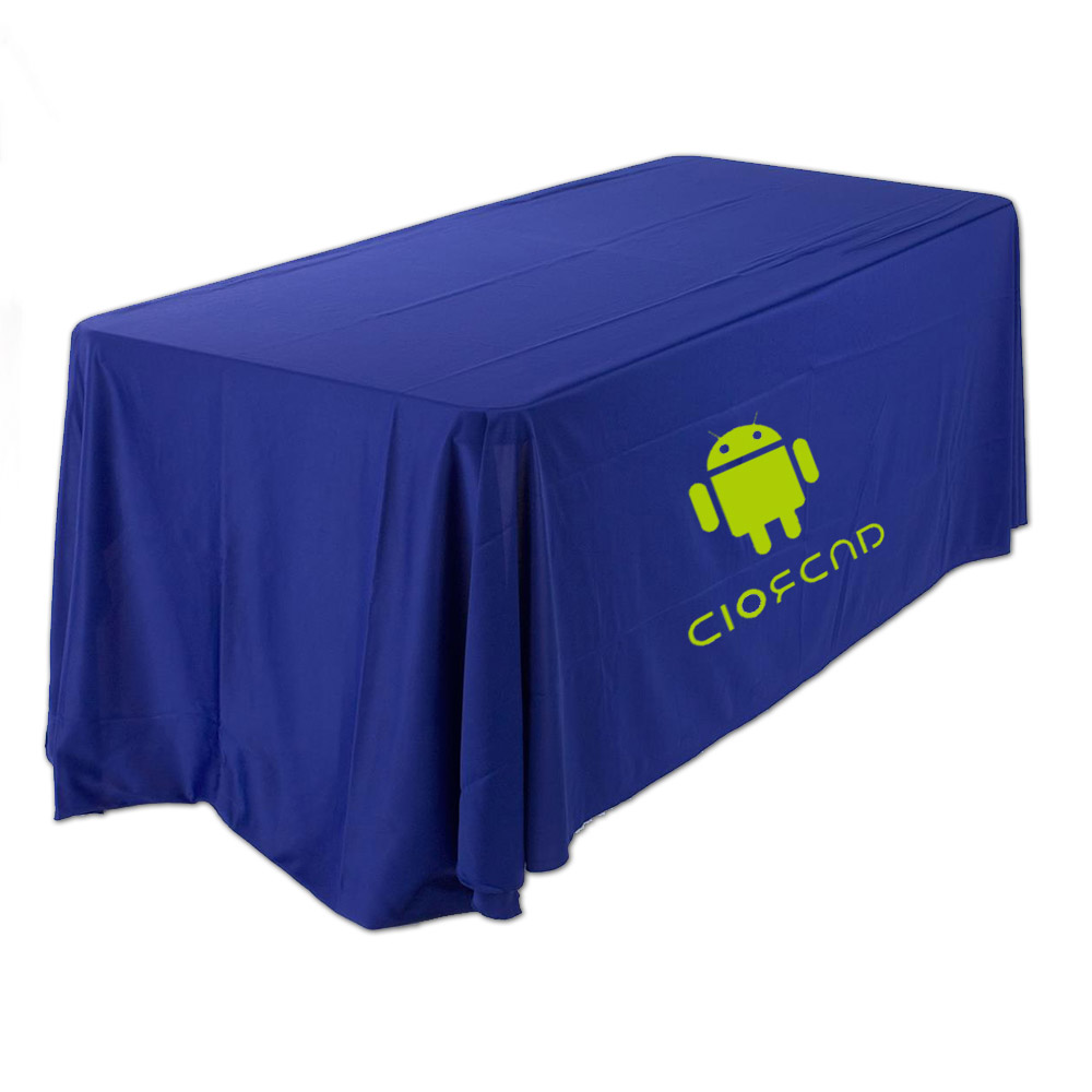 6ft(3) Full Length Sides Round Corner Table Throws with Custom  Logo Imprint On Blue