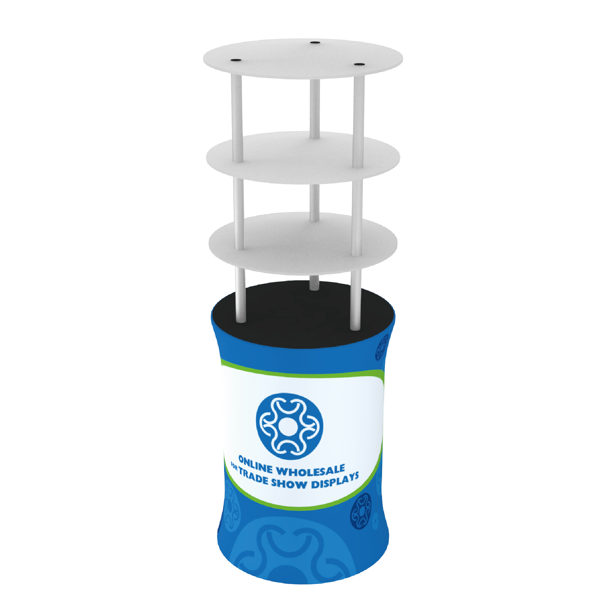 Rounded Shelf Display Tension Fabric Display with Custom Graphic