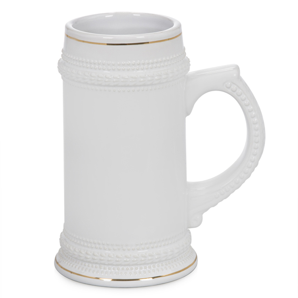 22 OZ Sublimation White Beer Stein with Golden Rim