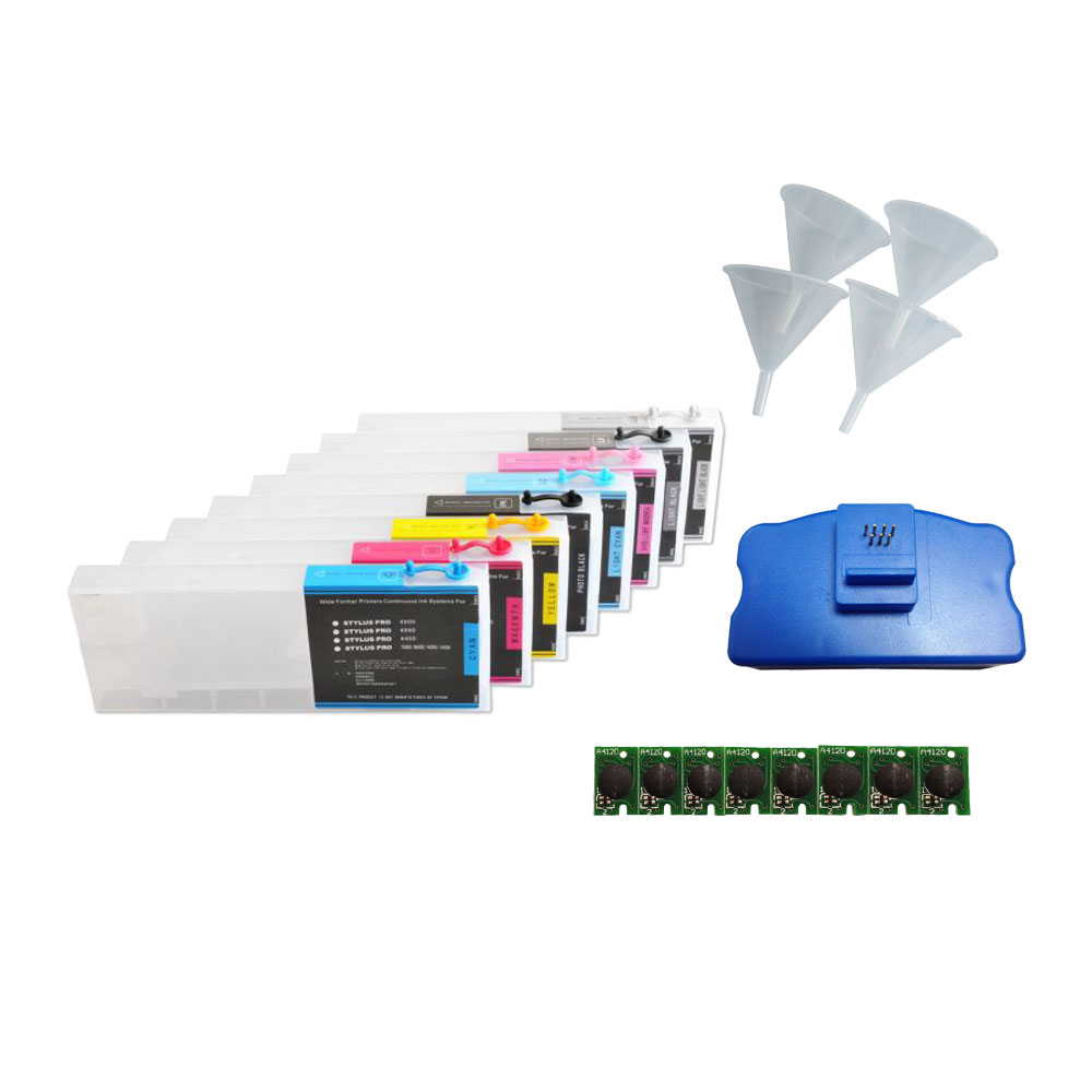 Combo Epson Stylus Pro 4880 Refill Ink Cartridges 8pcs / set, with 4 Funnels, 8 Chips and 1 Chip Resetter Combo Epson Stylus Pro 4880 Refill Ink Cartridges 8pcs / set, with 4 Funnels, 8 Chips and 1 Chip Resetter