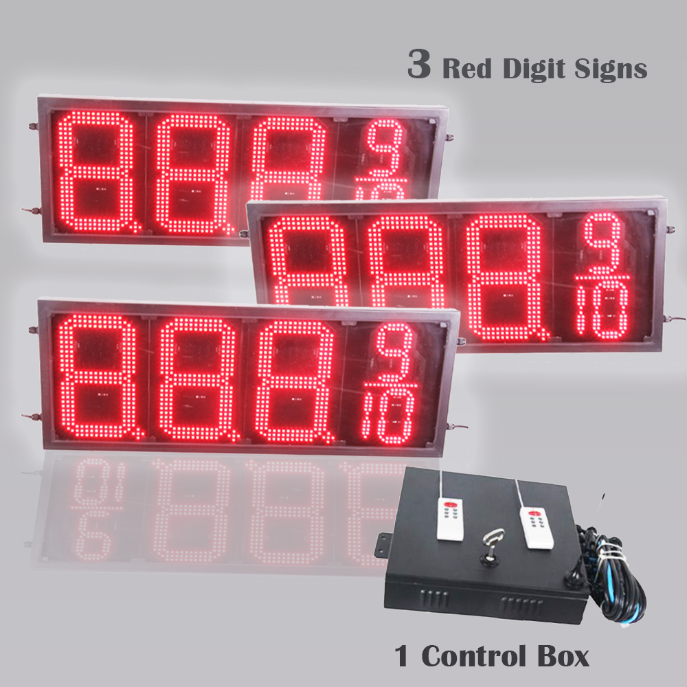 12 Inch Digits - LED Gas Sign Package - 3 Red  88889 Digital Price Gasoline LED SIGNS - Complete Package w/ RF Remote Control