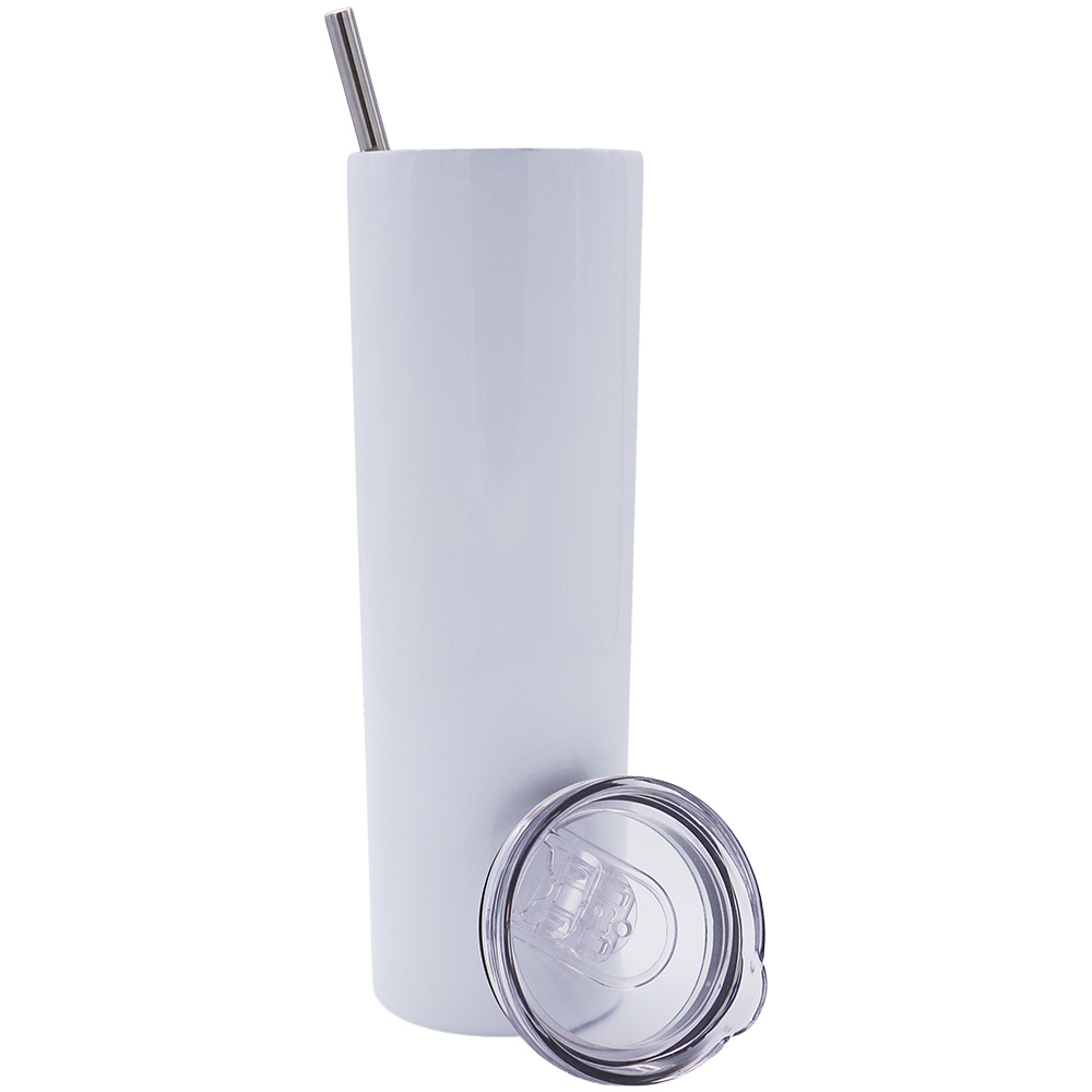 10pcs 20oz Skinny Tumbler White Sublimation Blank Stainless Steel Insulated Water Bottle Double Wall Vacuum Travel Cup With Sealed Lid and Straw