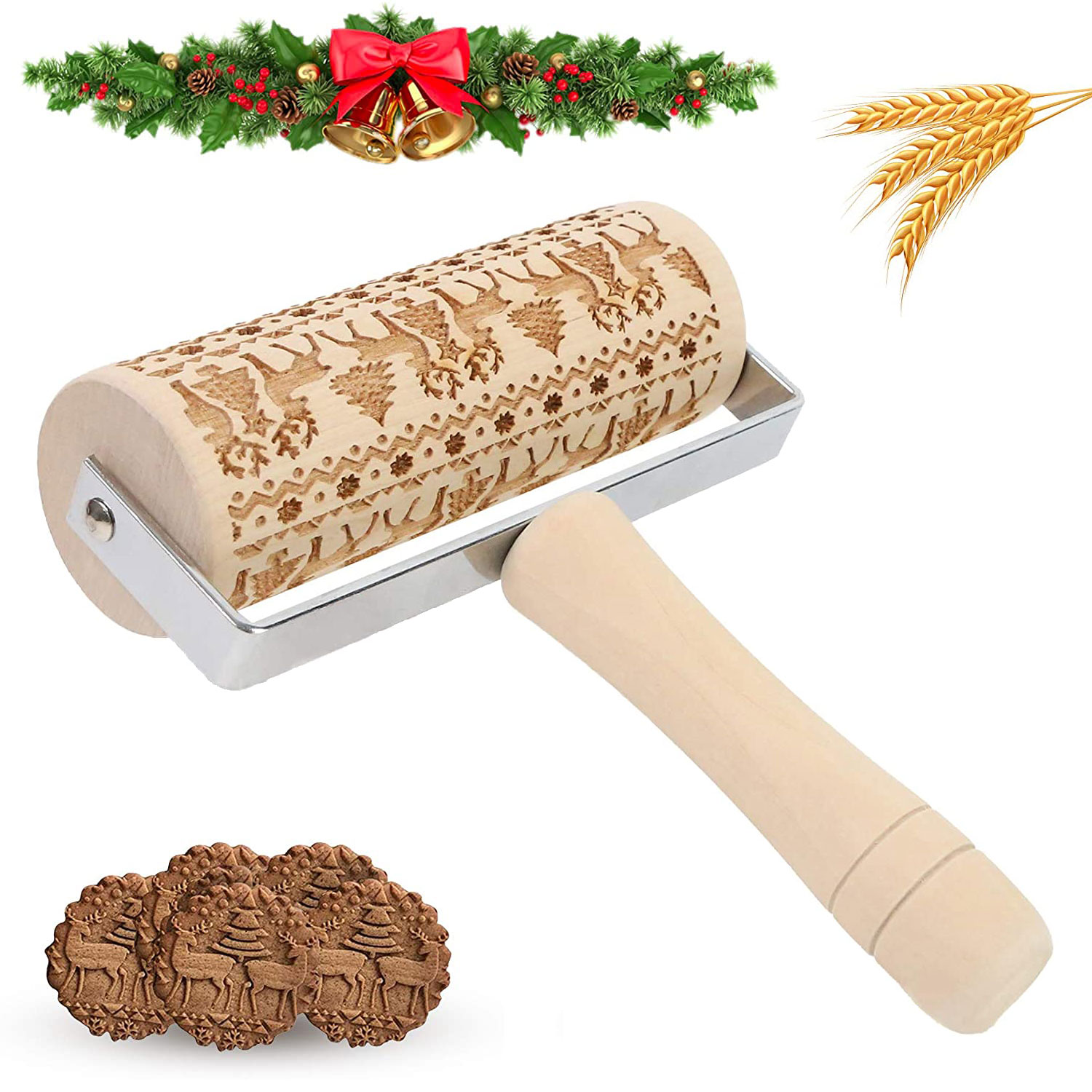 10 Pack Embossed Rolling Pin, Diy Tool for Homemade or Christmas Cookies, Laser Engraved Rolling Pin for Baking Christmas Pattern Pastry