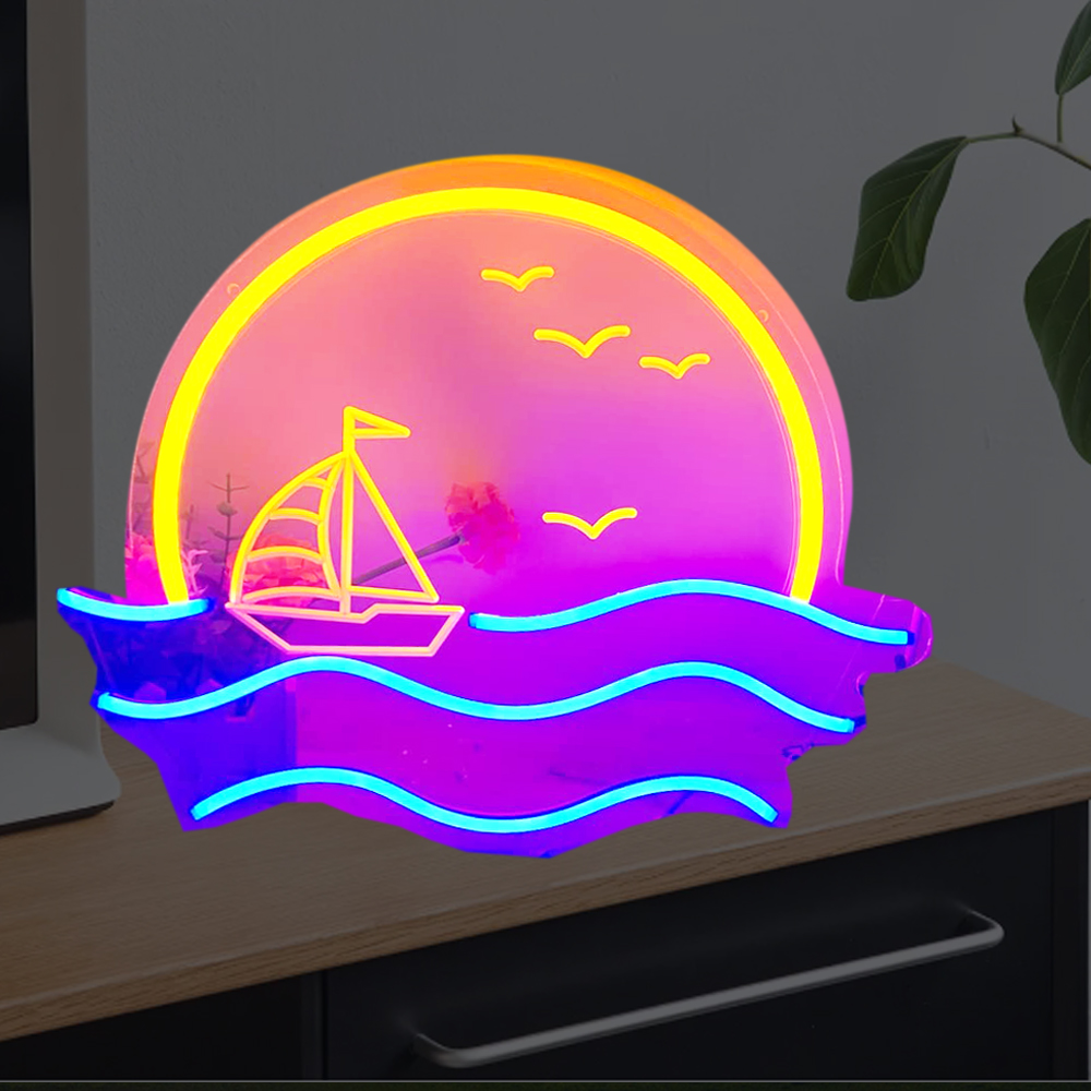 CALCA Sunset & Sea Neon Sign, Handmade Sunrise Neon Light Sign for Bedroom Wall USB 5VDC  Size- 16.9X12.9inches