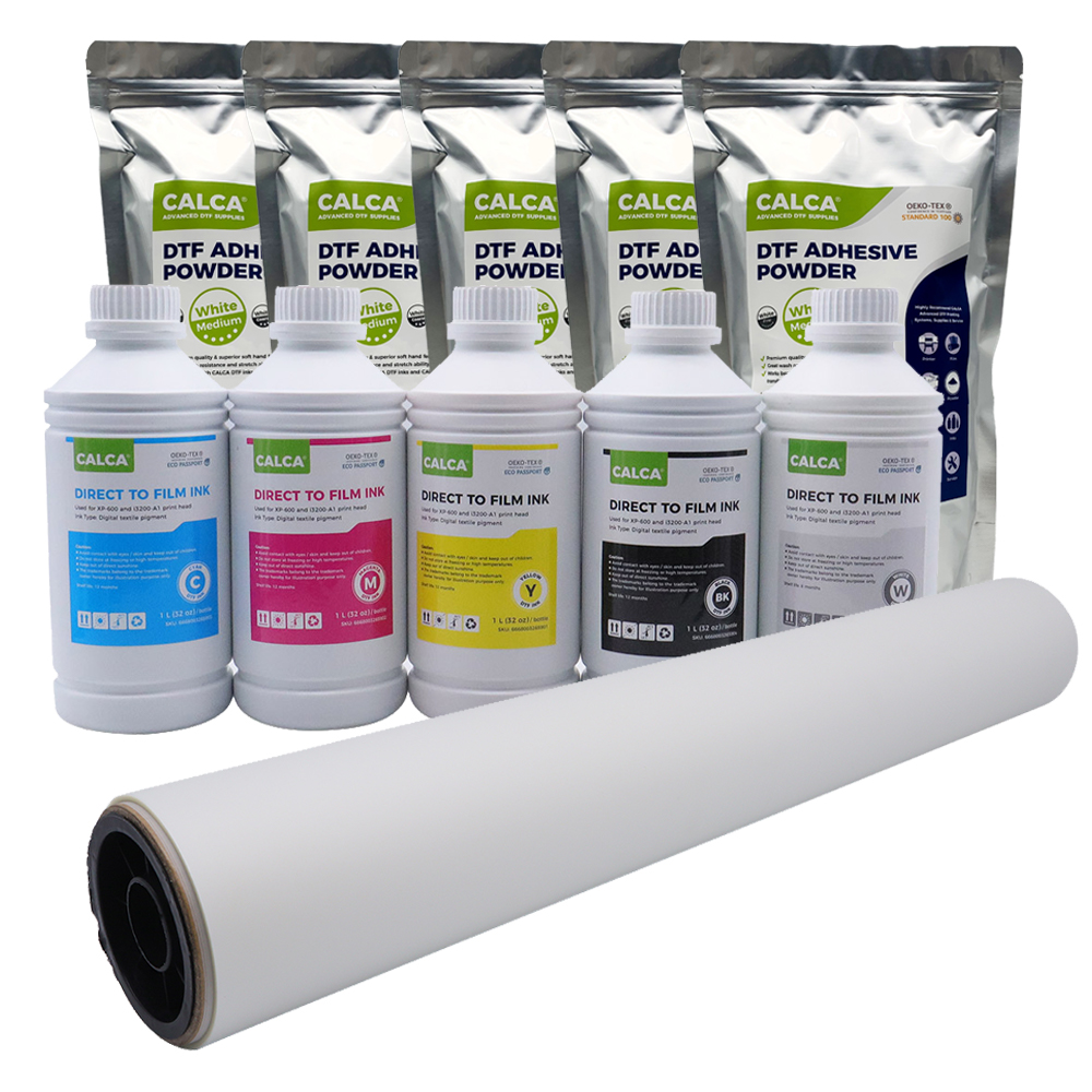 US Stock CALCA 24in DTF Film Rolls Printing Starter Supply Pack (1L CMYK, 1L W Ink, 11 lbs Powder, 24in Roll Film)