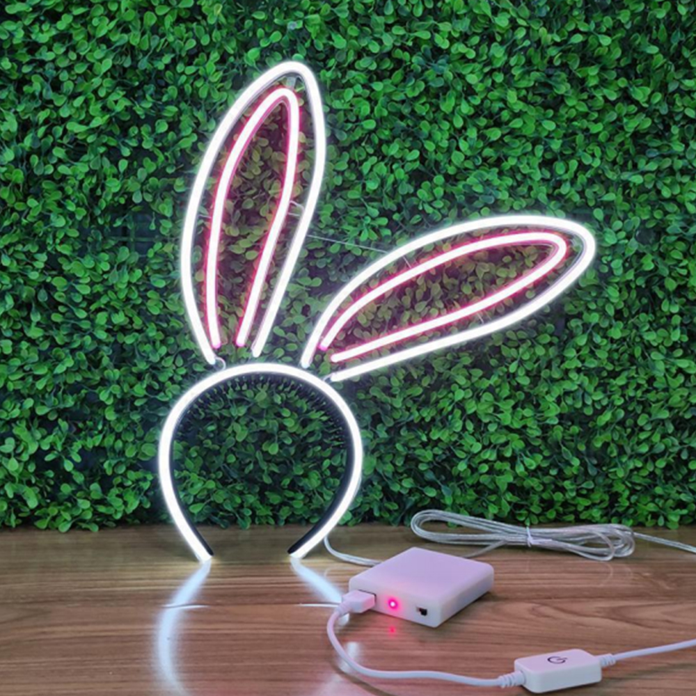 LED Neon Headband PINK BIG Rabbit (Straight Ear), Size-10.6 X 9 inches(27x23cm)