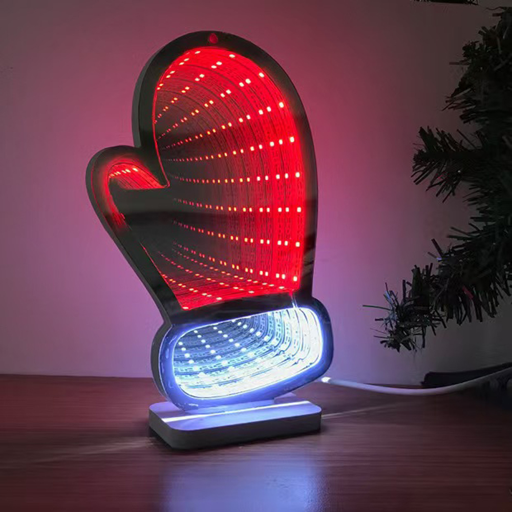 Christmas Gloves Desktop Lamp Mirror Tunnel Light, LED Night Light 3D Mirror Light (Double Sided) USB 5VDC