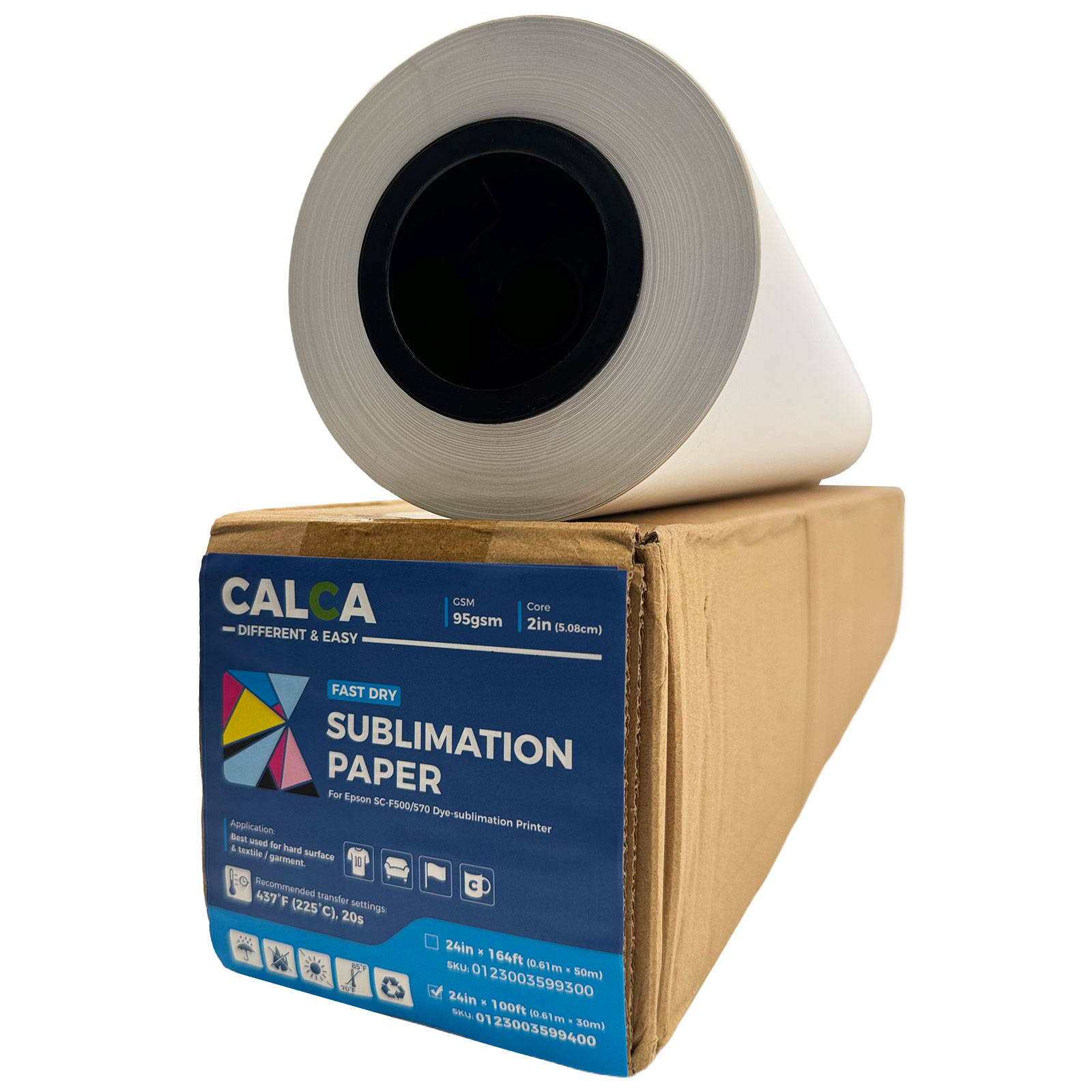 CALCA 95gsm 24in x 100ft Fast Dry Dye Sublimation Paper for SureColor F570 Dye-Sublimation Printer, 2" Core