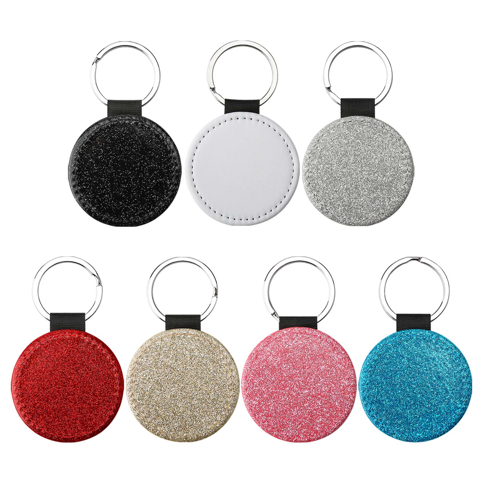 CALCA 10PC Sublimation Round Glitter Keychains Blank White PU Leather Blanks for Promotional Gift (Single Sided)