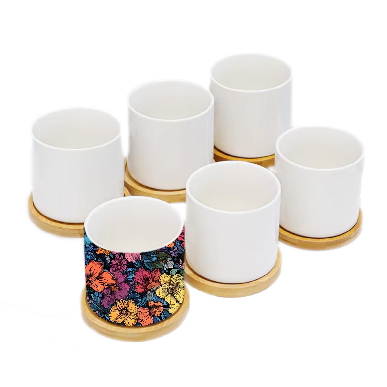 CALCA 8OZ Sublimation Flowerpot 6PCS Garden Plant Ceramic Blank Sublimation Flower Pot With Bamboo Tray Base