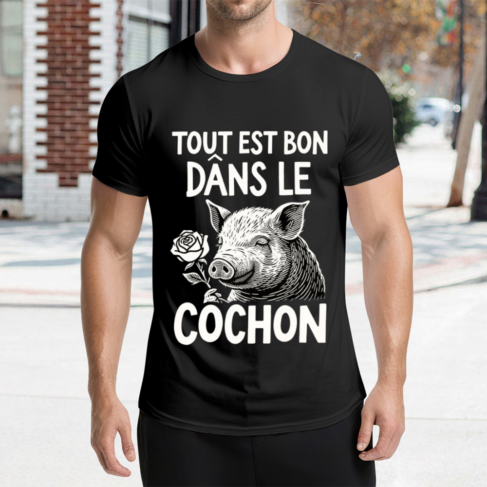 Funny Men´s Graphic Tees Cute Pig Rose "TOUT EST BON DANS LE COCHON" Digital Print Casual Cotton Round Neck Short Sleeve T-Shirts Unisex Loose Punk Tee Shirt For Men Women Creative Oversize T-shirt Summer Autumn Clothes Gifts For Friend Family Lover