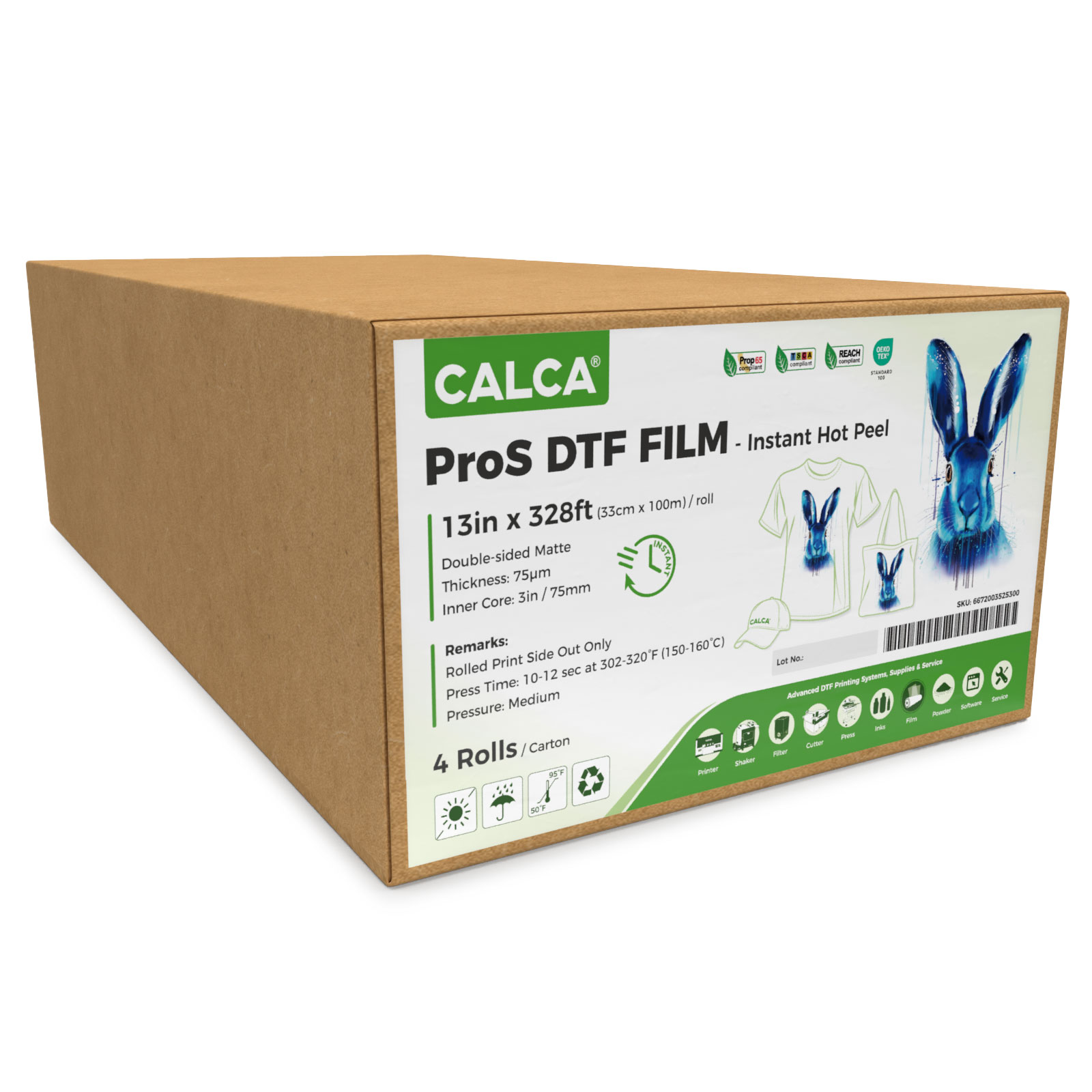 4 Rolls/Pack CALCA ProS Instant Hot Peel 13in x 328ft/33cm x 100m DTF Transfer Film