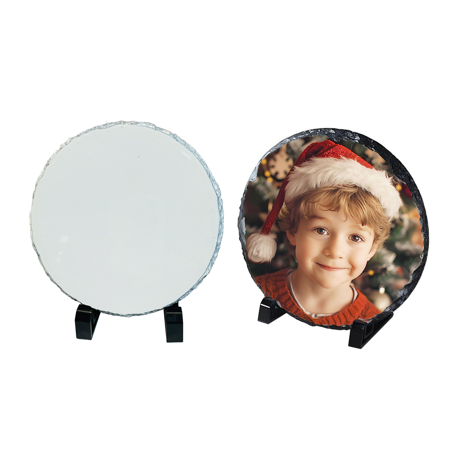 CALCA 10 Pack 7.6in x 7.6in Glossy Sublimation Round Photo Slate Rock Plaque Blanks with Stand - Ideal for Desktop Souvenir, DIY & Personalized Gifts