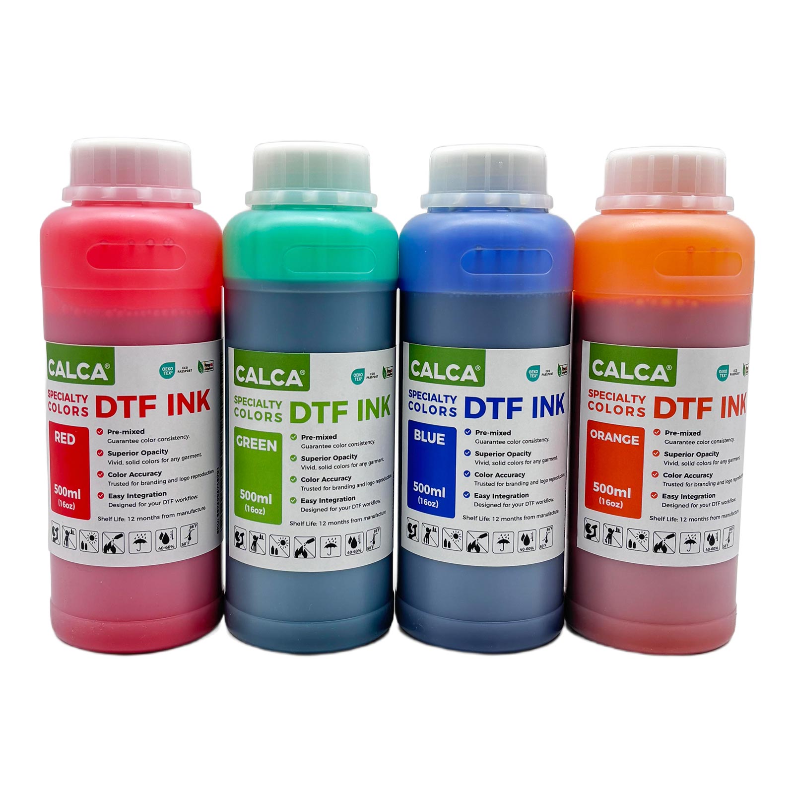 CALCA RGBOV Specialty Colors Direct to Transfer Film Ink for Epson Printheads. 16 oz, Bottle of 500ml, Water-based DTF Inks