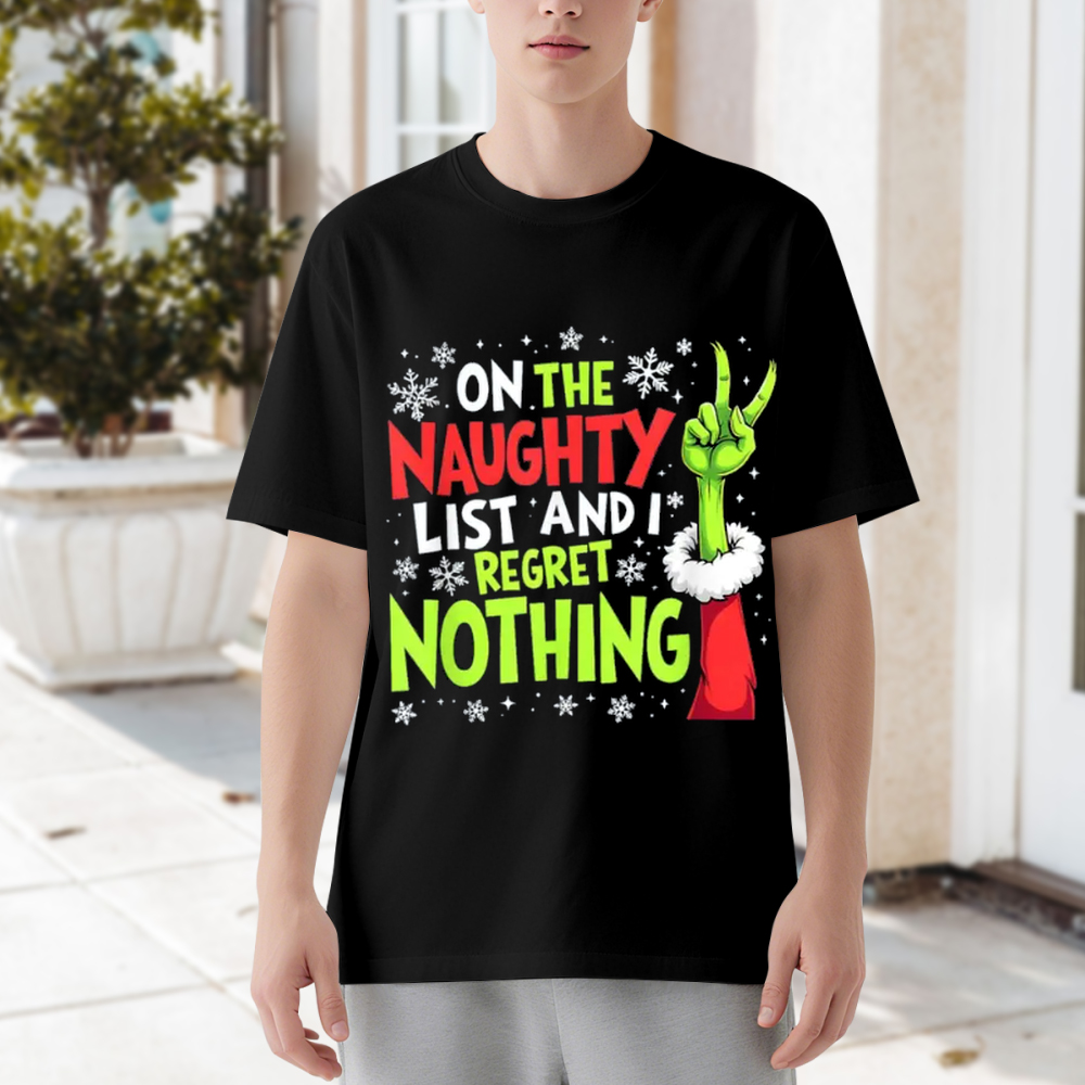 Funny Christmas T-Shirt - Naughty List & Santa Hat Graphic - Black Shirt With Red Green Text 100% Cotton Tee All-Season Casual Fit Holiday Party Outfit - Christmas Gift For Men, Women Couples - Year-Round Wear Playful Design, Festive Top Clothing