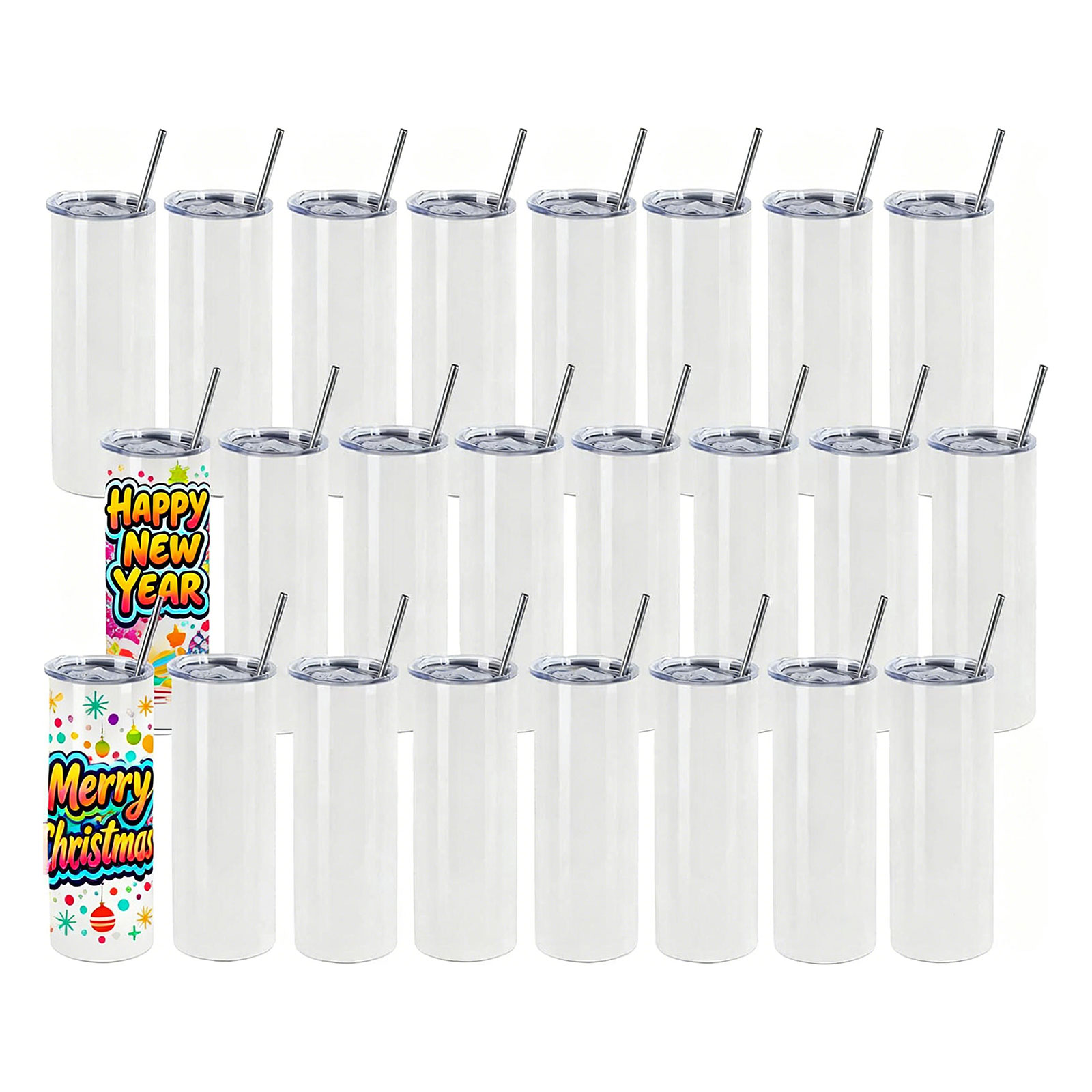 CALCA 25 Pack 20oz Glossy Sublimation Blank Skinny Tumbler Stainless Steel Vacuum Insulated Travel Cup with Lid & Straw