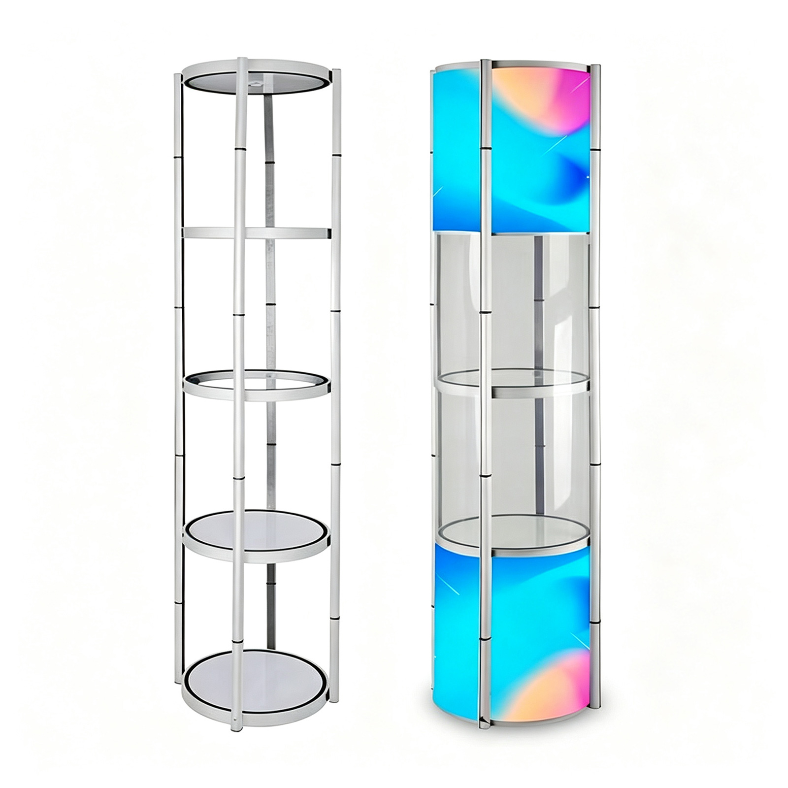 US Stock, 81.1in Portable Round Twist Display Counter with Shelves, Top Light with 16pcs Clear Magnetic Panels