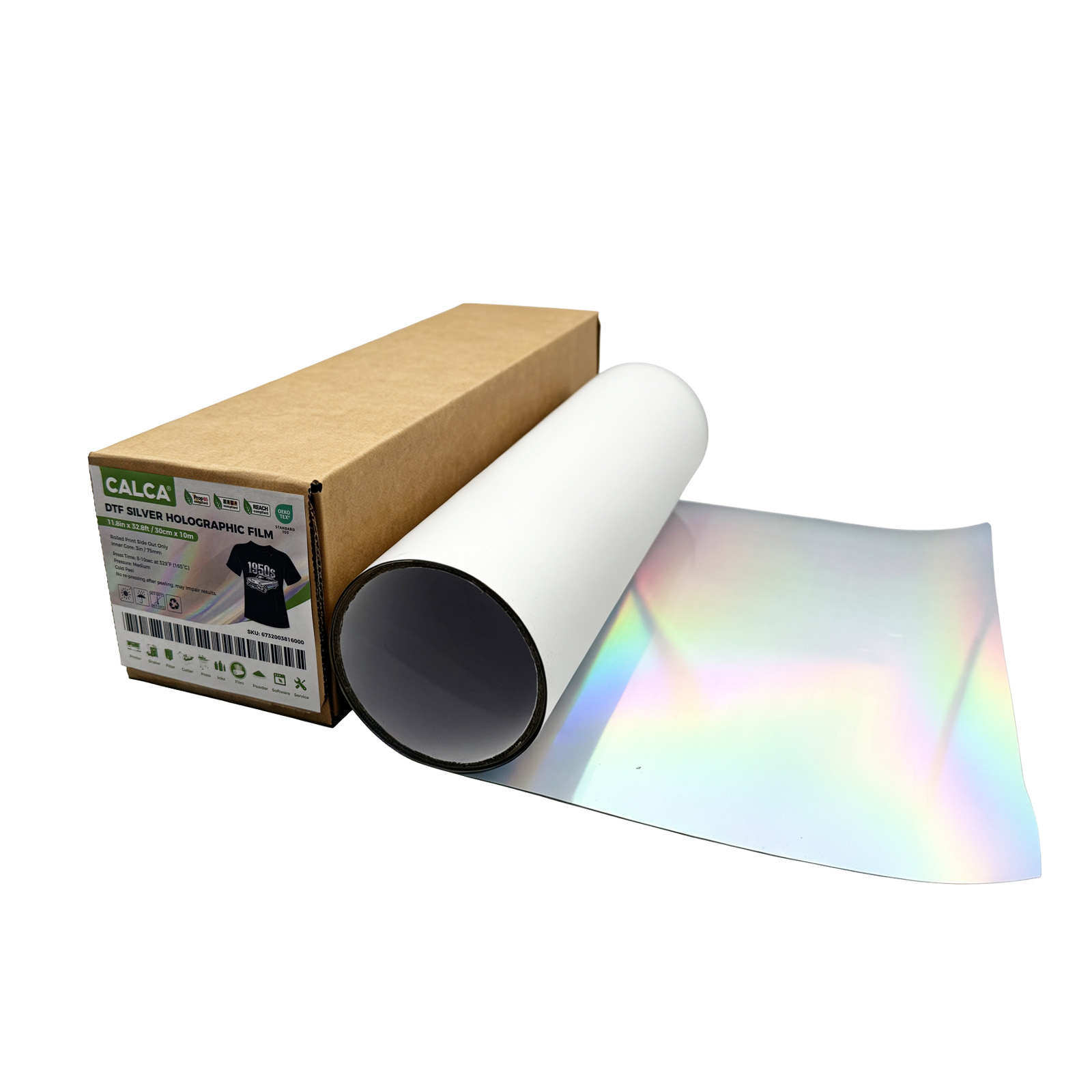 US Stock CALCA 11.8in x 32.8ft/30cm x 10m DTF Silver Holographic Film Roll, Cold Peel