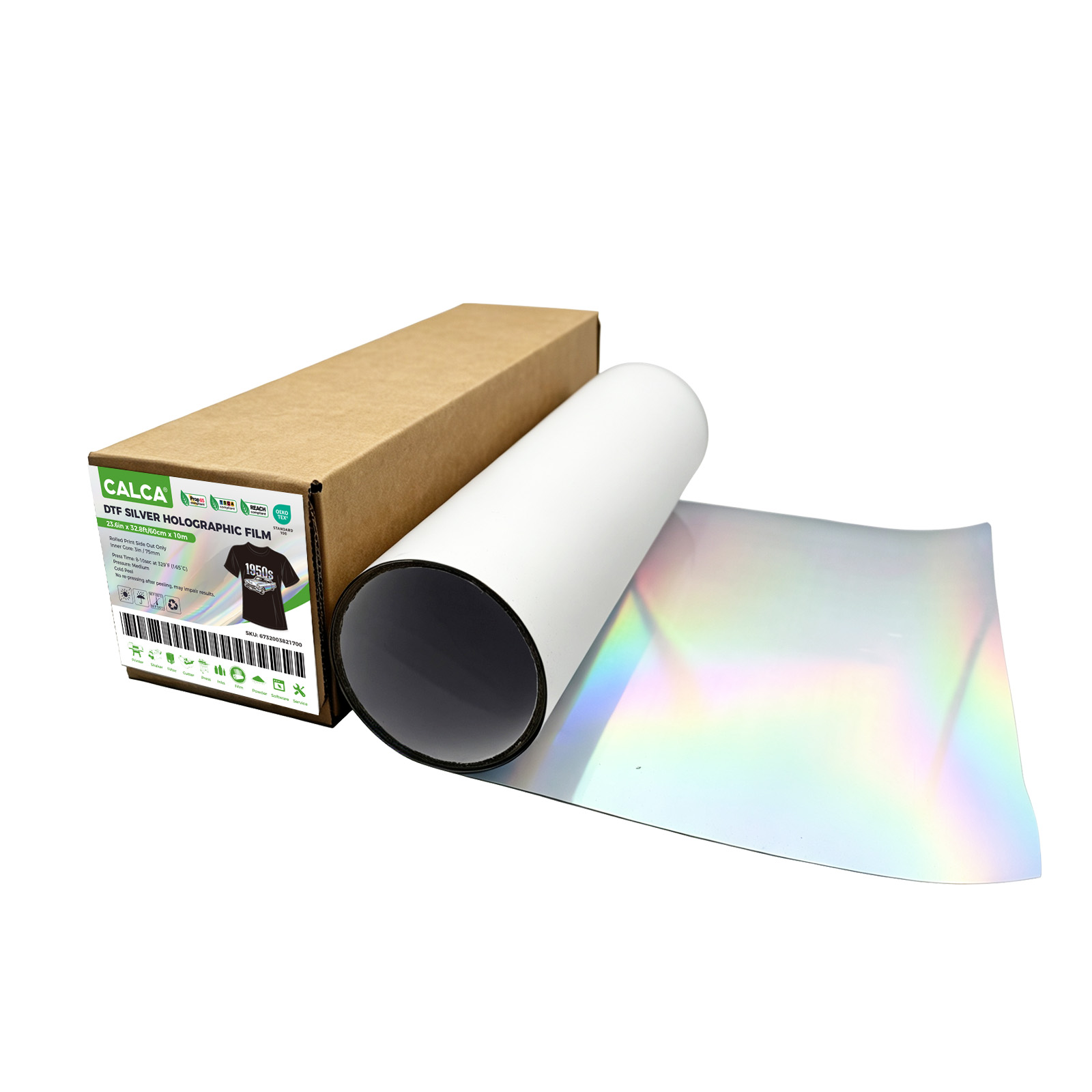 US Stock CALCA 23.6in x 32.8ft/60cm x 10m DTF Silver Holographic Film Roll, Cold Peel