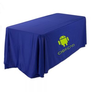 6ft(3) Full Length Sides Round Corner Table Throws with Custom  Logo Imprint On Blue