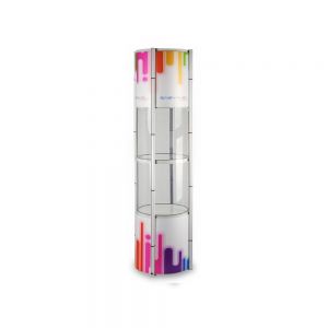 81" Round Portable Aluminum Spiral Tower Display Case with Shelves, Top Light and Custom Panels