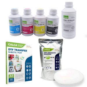 CALCA A3 DTF Film Sheets Printing Starter Supply Pack (500ml CMYK, 1L W DTF Ink, 2.2 lbs Powder, A3 Sheet Film)