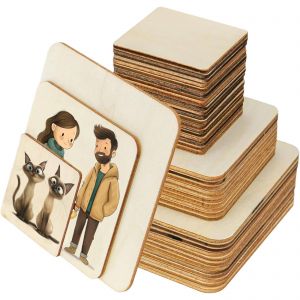 CALCA 40PCS Unfinished Blank Square Wood, Poplar Plywood Blanks Unfinished Square Round Angle Wooden Tags Craft Wood for DIY Coasters Painting/ Home Decor (1.9in-3.9in)