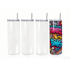 US Stock-CALCA 50 Pack 20oz Glossy Sublimation Blank Skinny Tumbler - Stainless Steel Vacuum Insulated Travel Cup with Lid & Straw