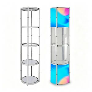 81.1in Portable Round Twist Display Counter with Shelves, Top Light with 16pcs Clear Magnetic Panels