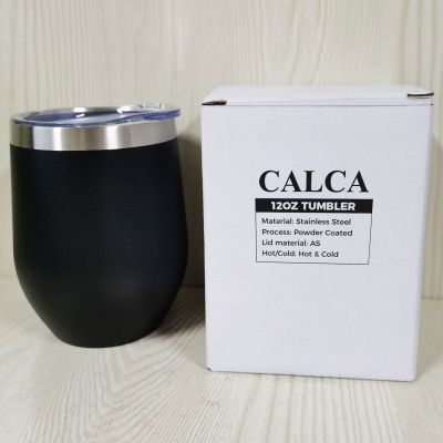 CALCA 6 Pack 12oz Black Wine Tumbler Double Wall Stainless Steel Insulated Eggshell Cup with lid for Gift