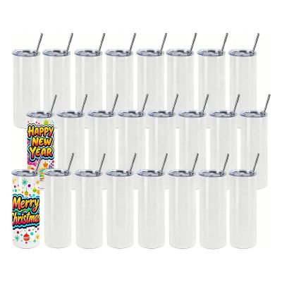 CALCA 25 Pack 20oz Glossy Sublimation Blank Skinny Tumbler Stainless Steel Vacuum Insulated Travel Cup with Lid & Straw